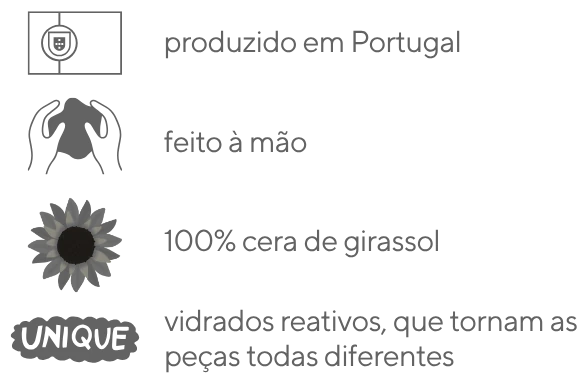 Produzido em Portugal · feito à mão · 100% cera de girassol · vidrados reativos, peças todas diferentes